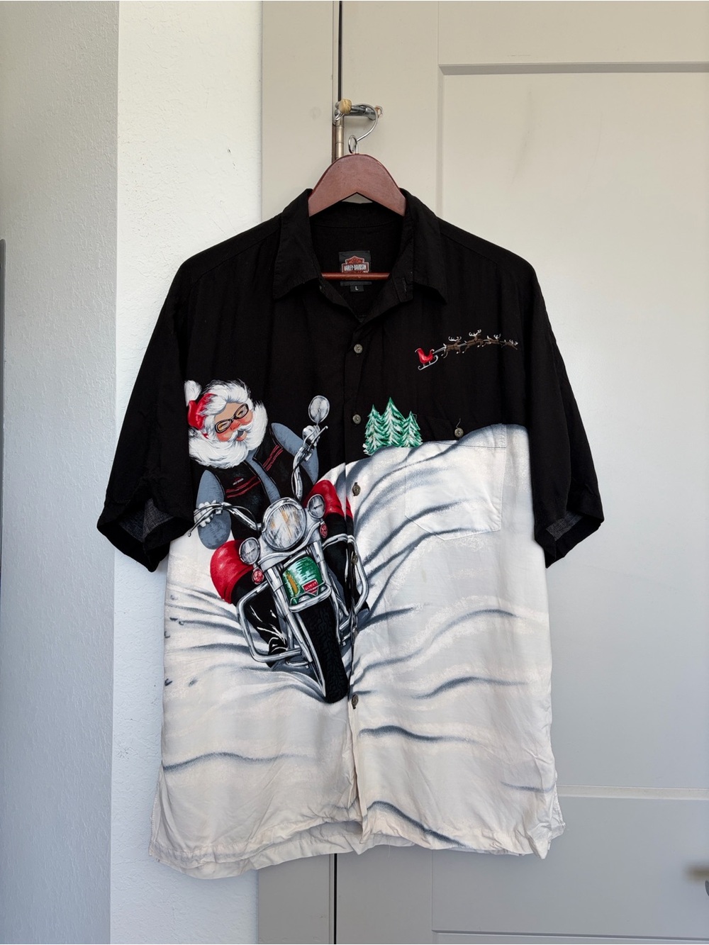VINTAGE HARLEY-DAVIDSON CHRISTMAS SANTA MOTORCYCLE HAWAIIAN SHIRT BLACK MEN’S L